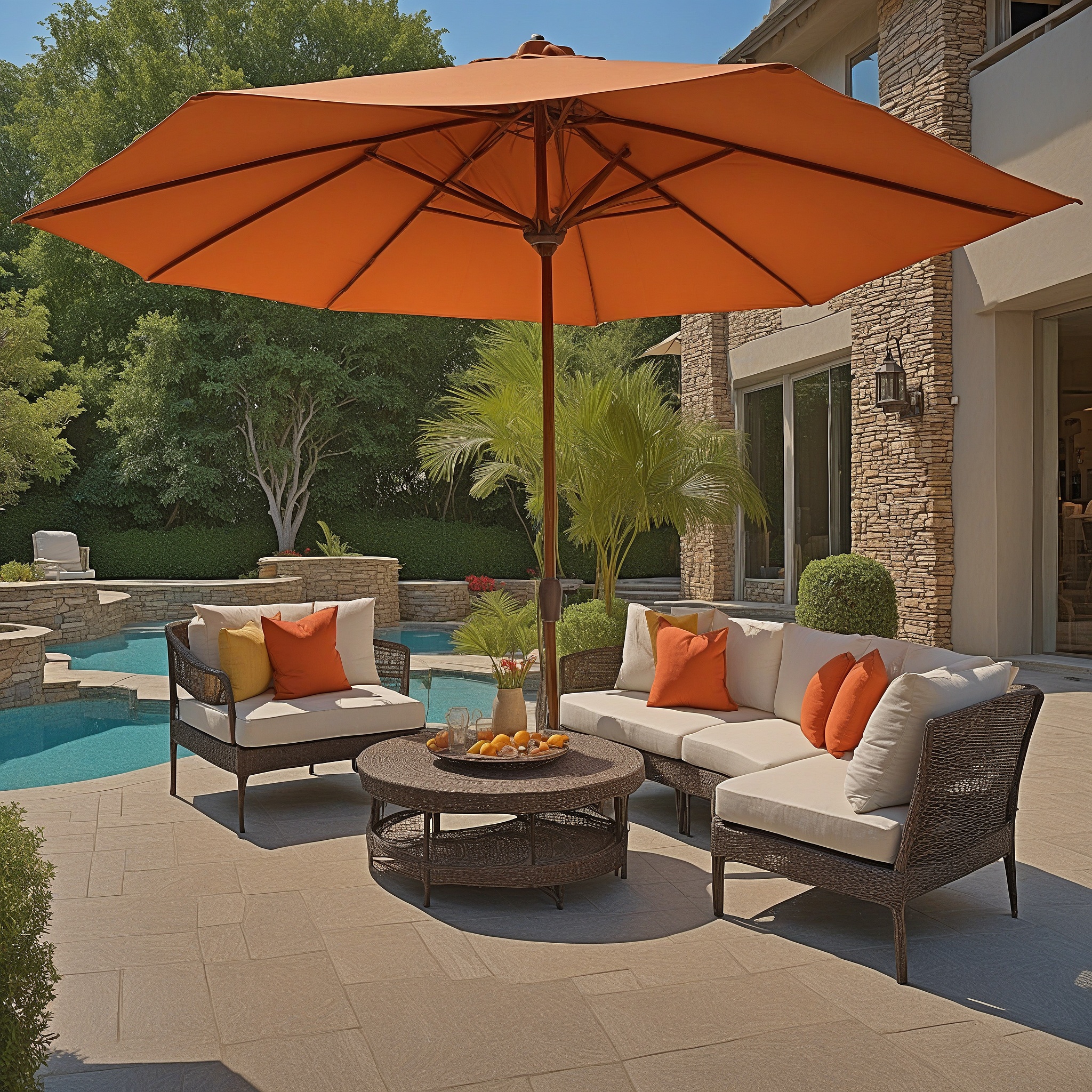 Backyard Patio With Comfortable Lounge Chairs And a Large Umbrella