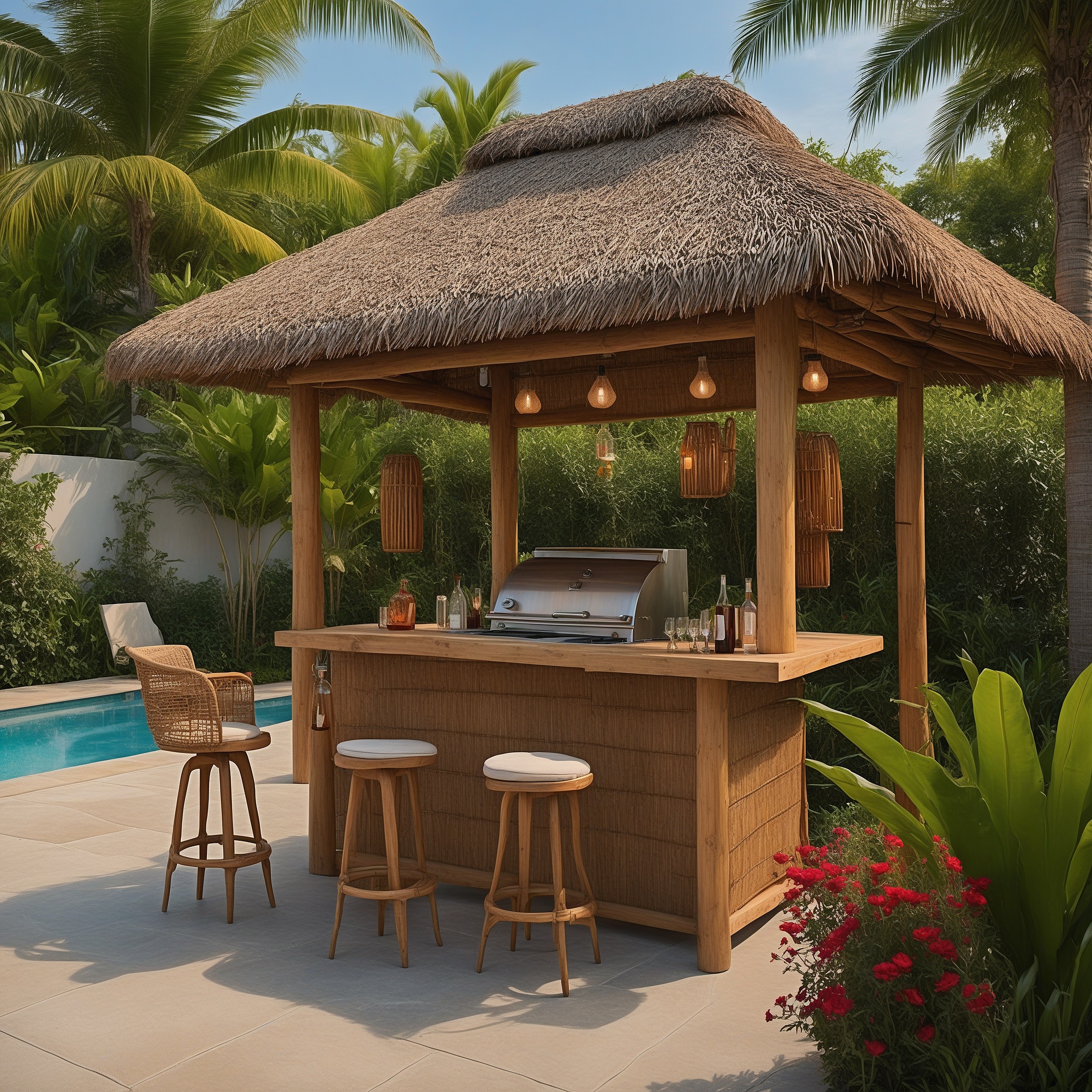 Bamboo Bar And Grill Setup With Thatched Roof