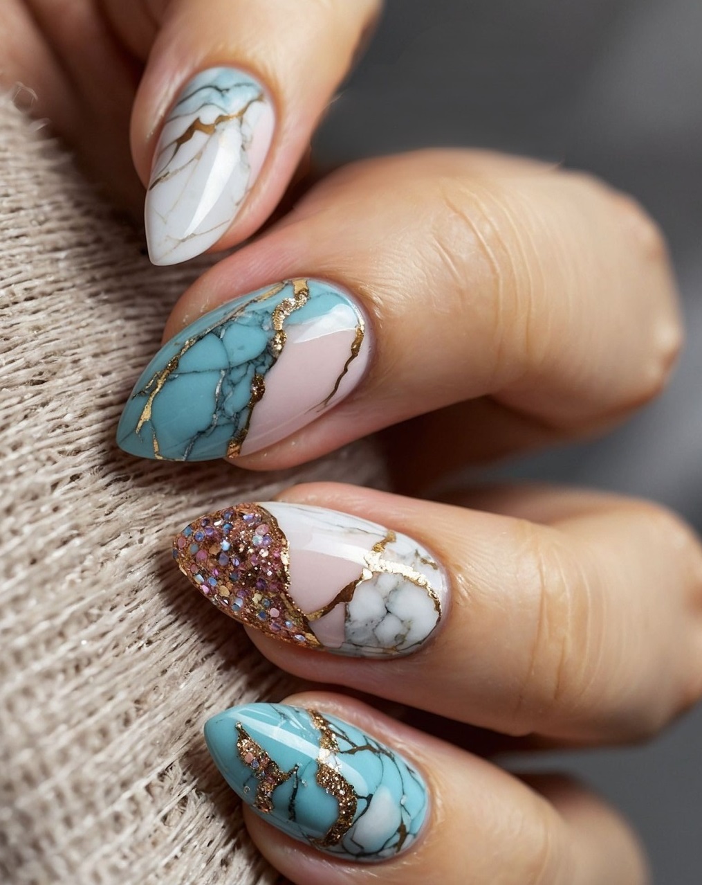 Blue And White Marble Design With Gold Glitter