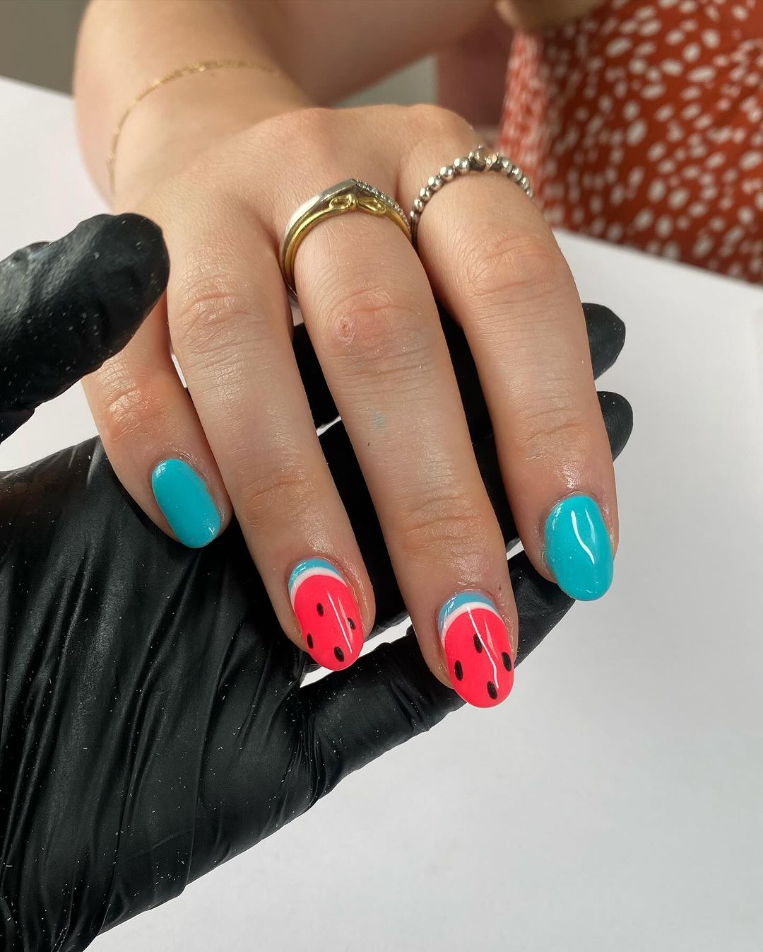Blue Crescent And Red Watermelon Oval Nails