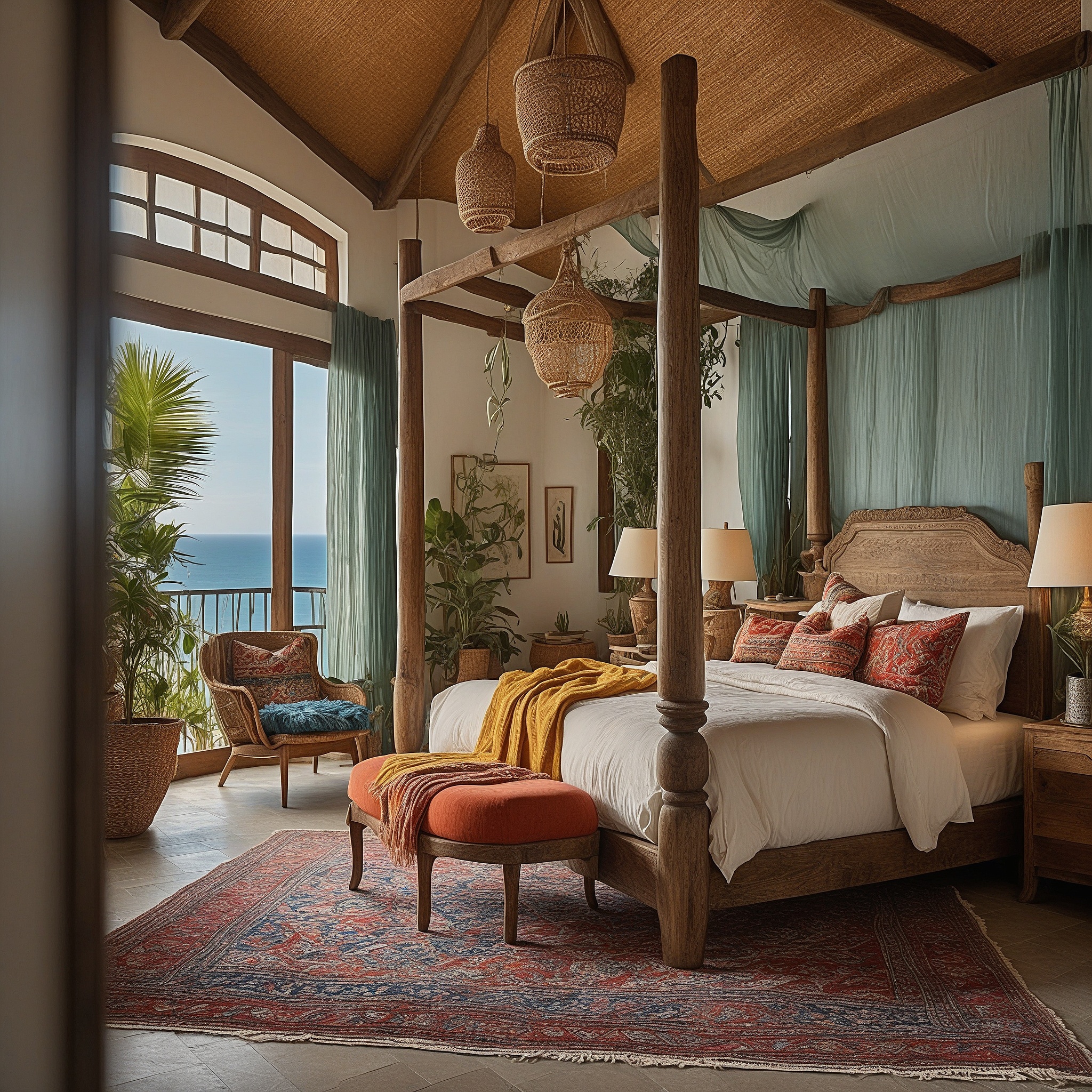 Bohemian Luxury Master Bedroom With Colorful Textiles, Eclectic Furniture, Canopy Bed