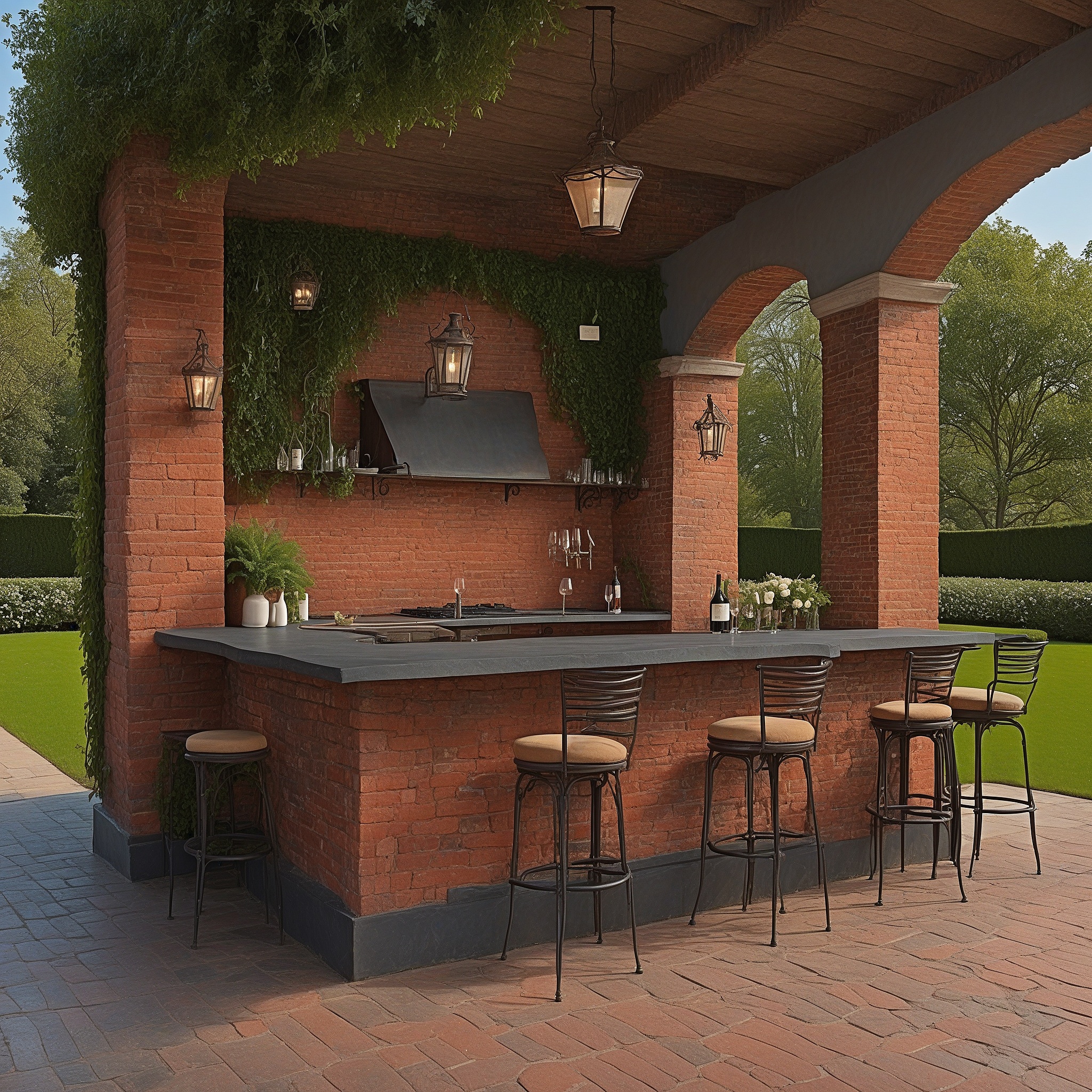 Brick Bar And Grill With Ivy-Covered Walls And Slate Countertop