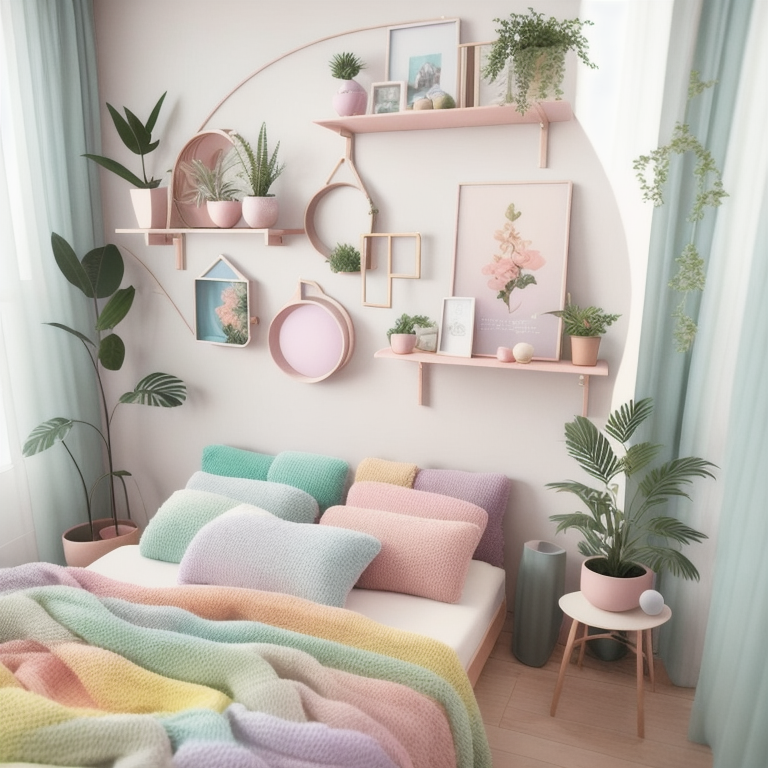 Bright Pastel Bedroom With Wall Shelving
