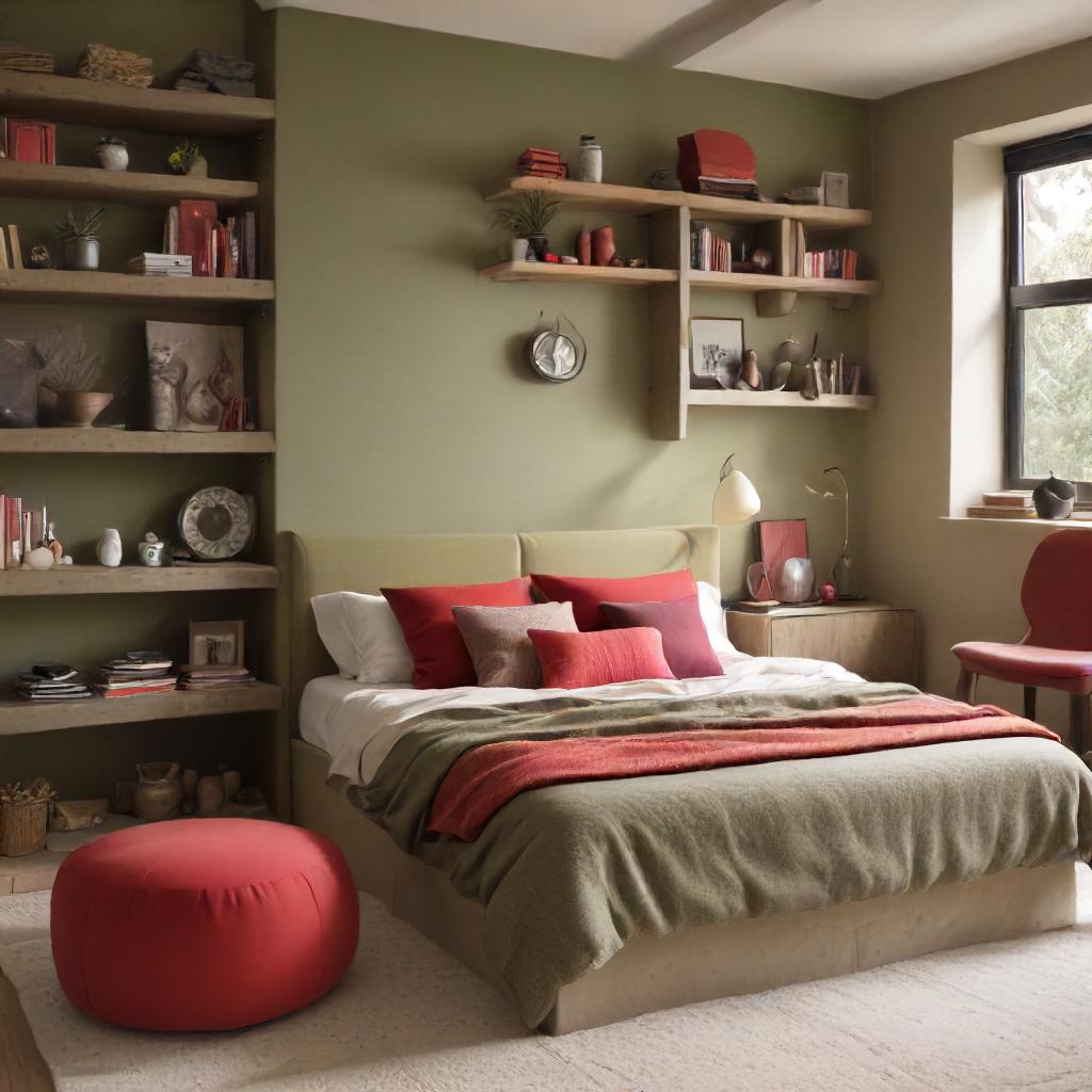 COzy Red And Green Bedroom With Shelves
