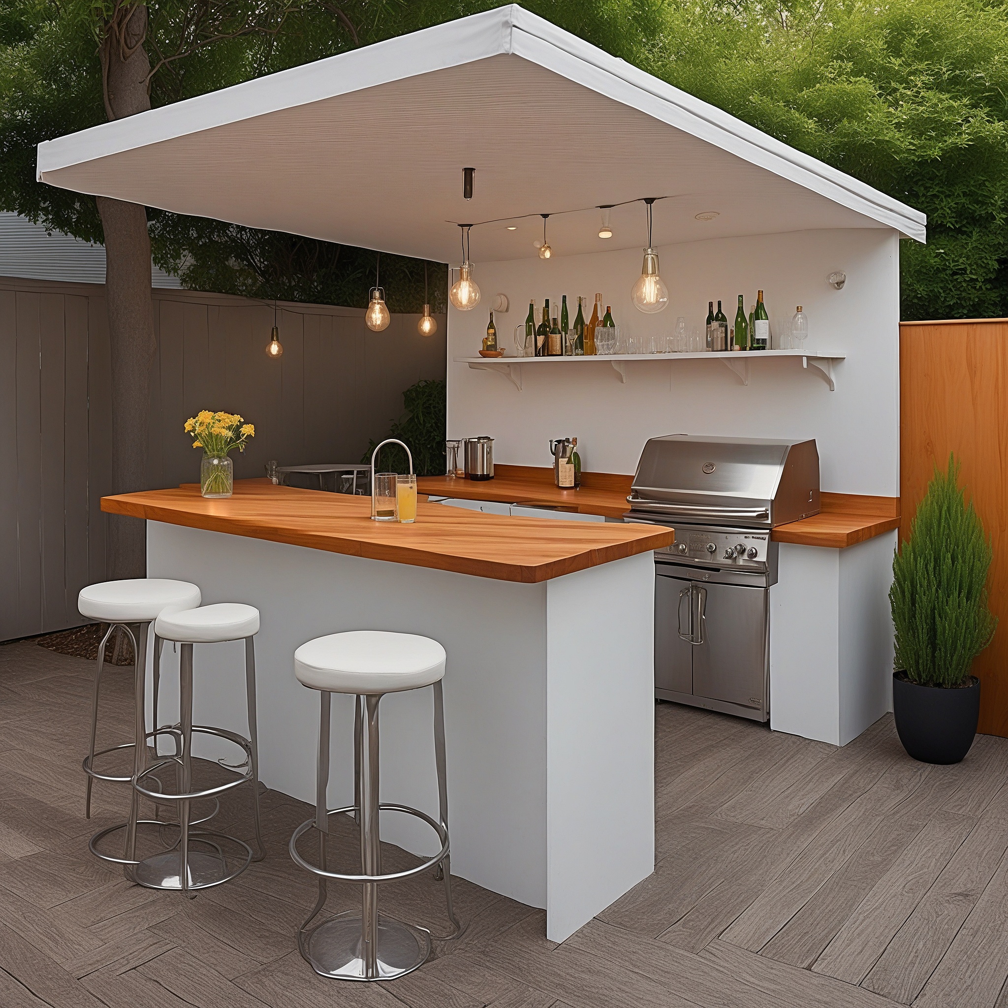 Casual PVC White Bar And Grill With Wood Countertops