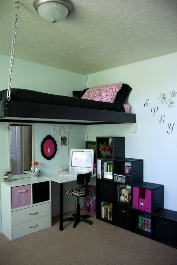 Chain Suspended Floating Loft Bed With Desk Underneath