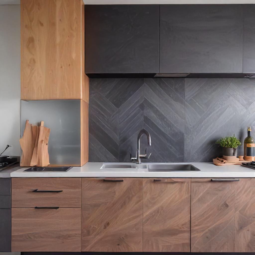 Charcoal Gray Cabinets With Frosted Glass Details,Wood Grain On Lower Cabinets and Herringbone Backsplash