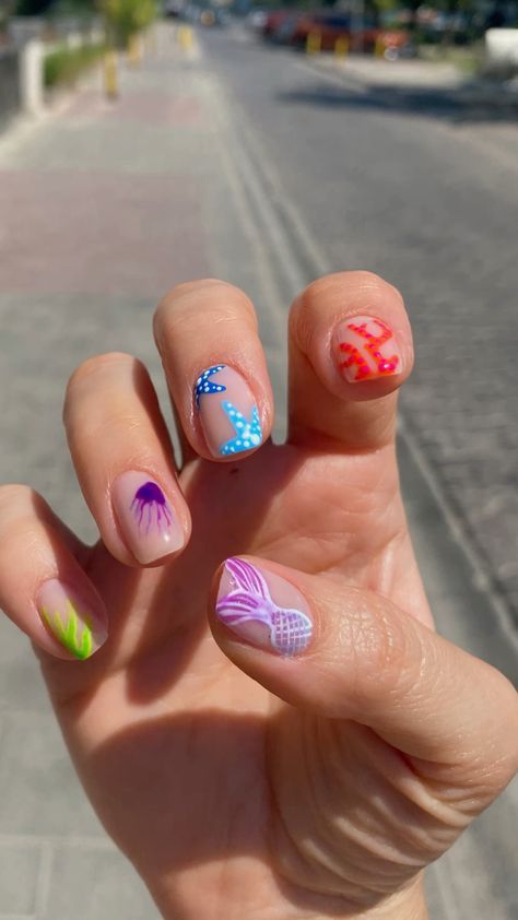 Clear Nails With Neon Beach Themed Designs
