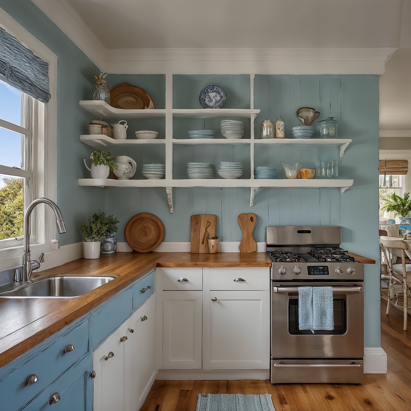 Coastal Kithen Layout With White Cabinetry, Blue Accents And Wooden Countertop