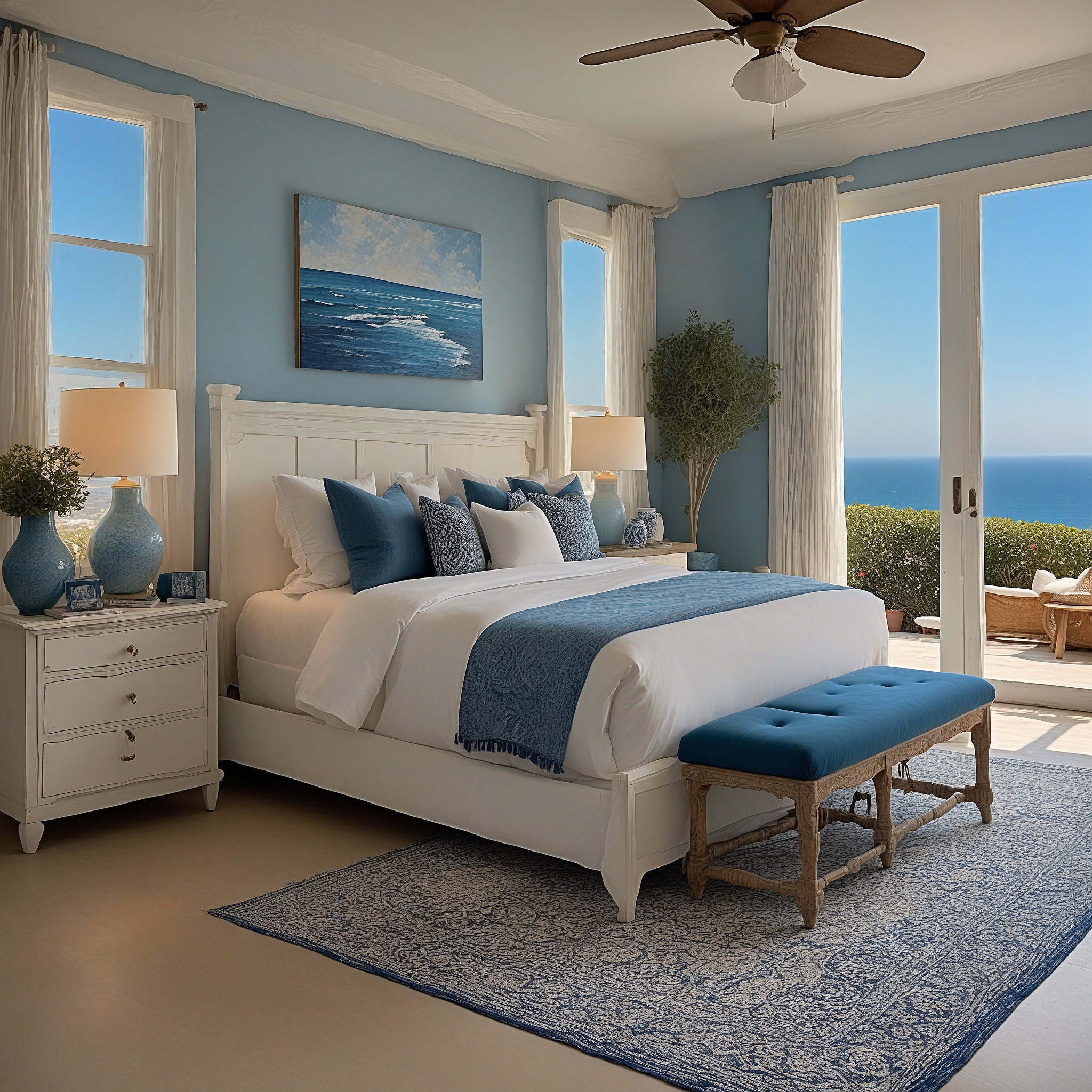 Coastal Luxury Master Bedroom With Whitewashed Furniture, Nautical Decor, King-sized