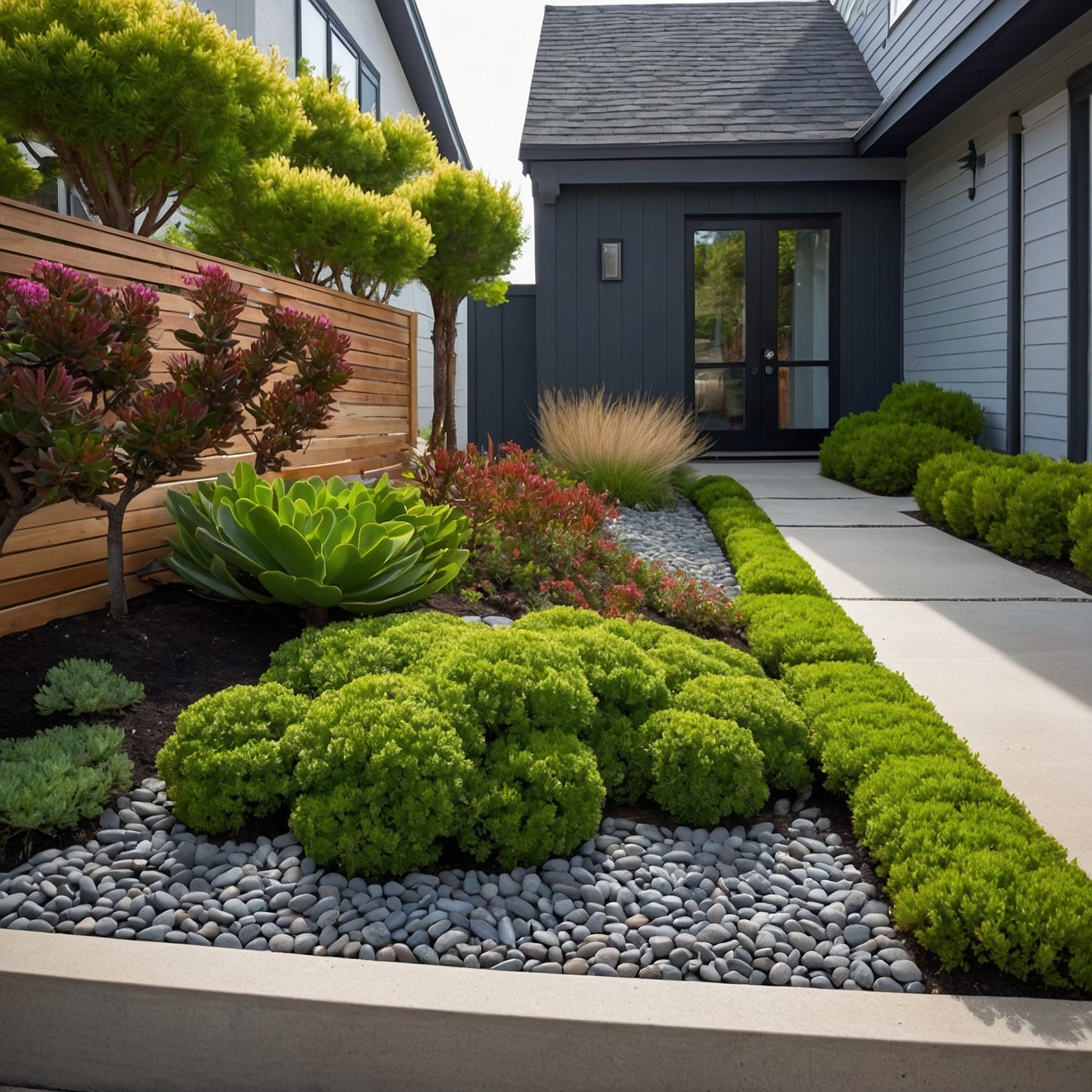 Contemporary Garden With Concrete Pathway And Pebble Flower Bed with Shrubs