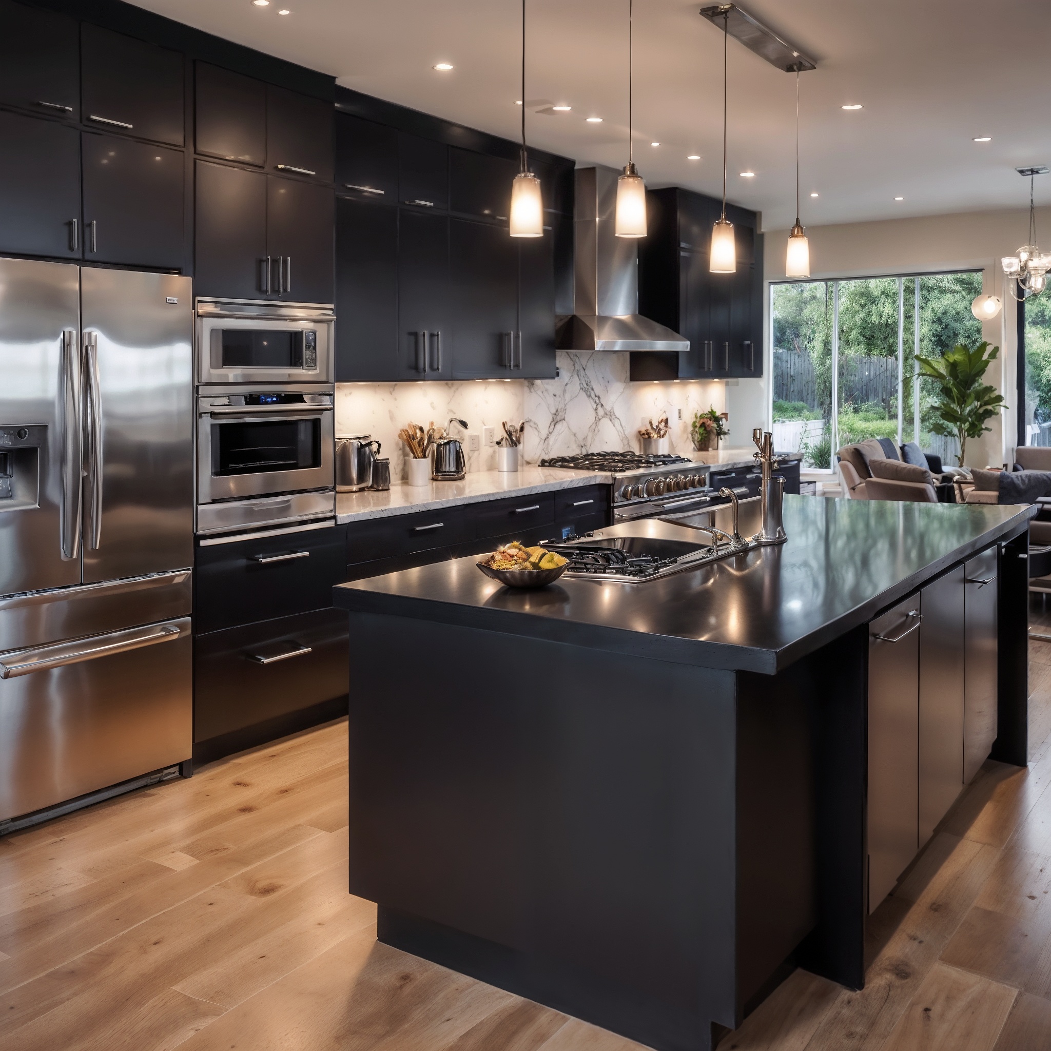 Contemporary Kitchen Layout With Glossy Black Cabinets, Quartz Countertops, Stainless Steel Appliances, Large Kitchen Island