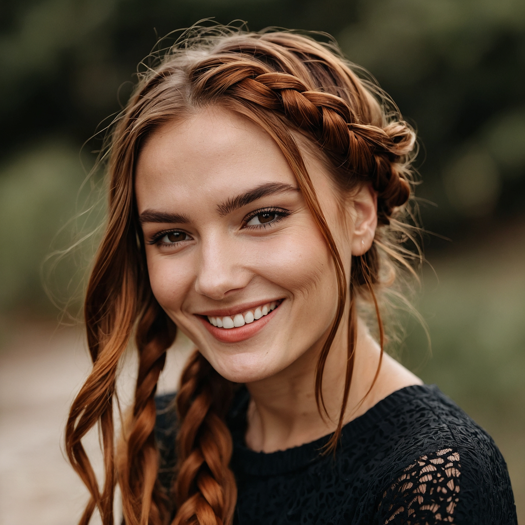 Copper Brown Hair with Half Halo French Braid To The Side