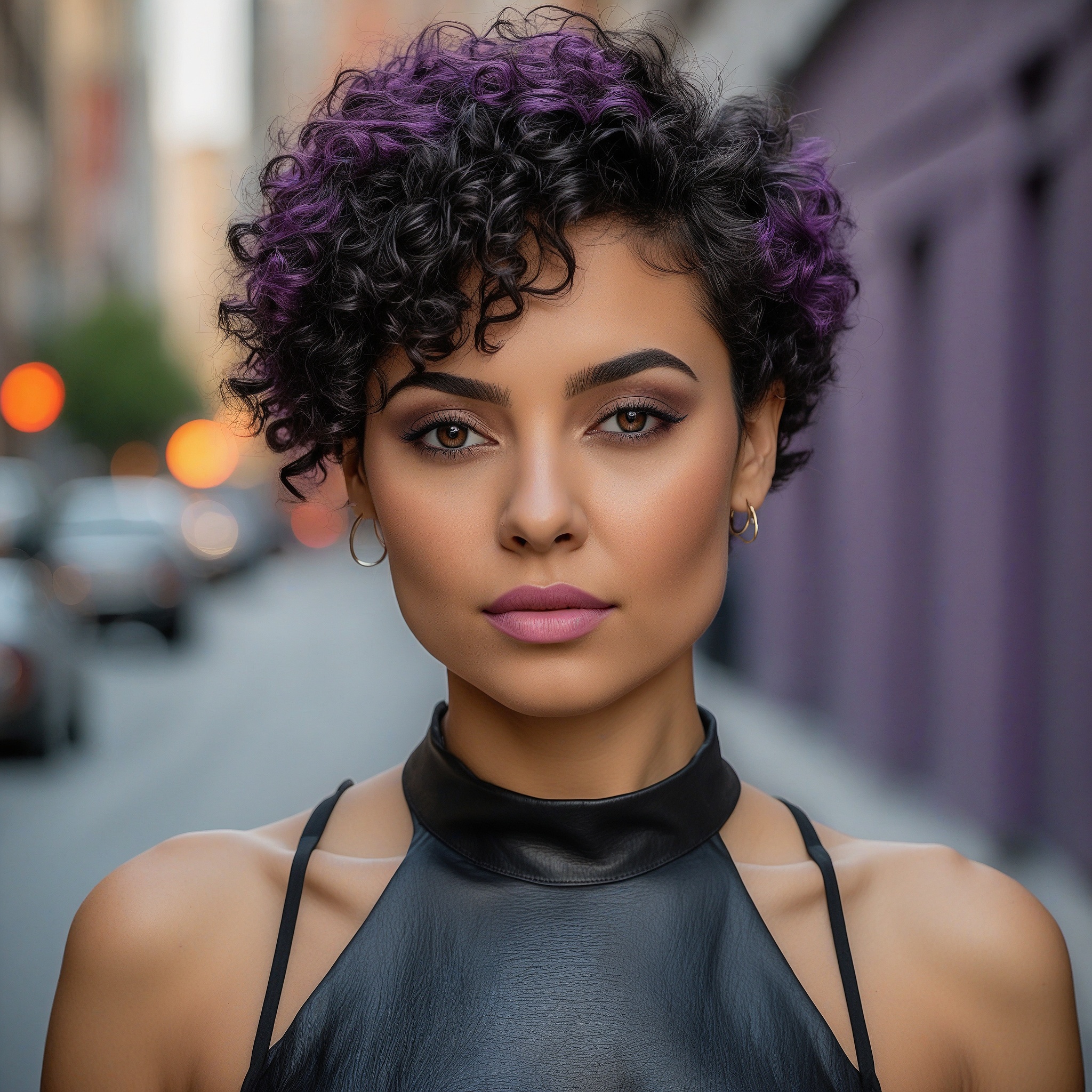 Curly Styled Pixie With Purple Highlights