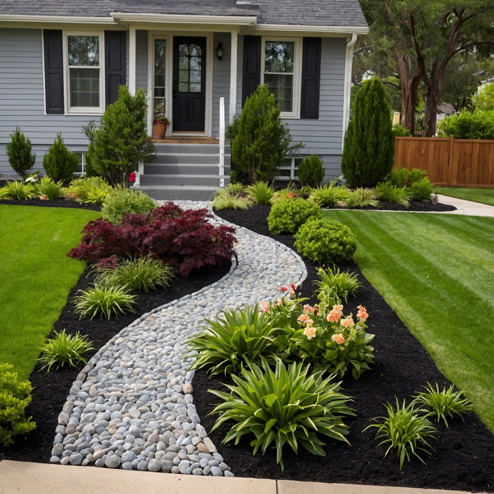 Curved Gravel Pathway WIth Mulch Flowerbeds
