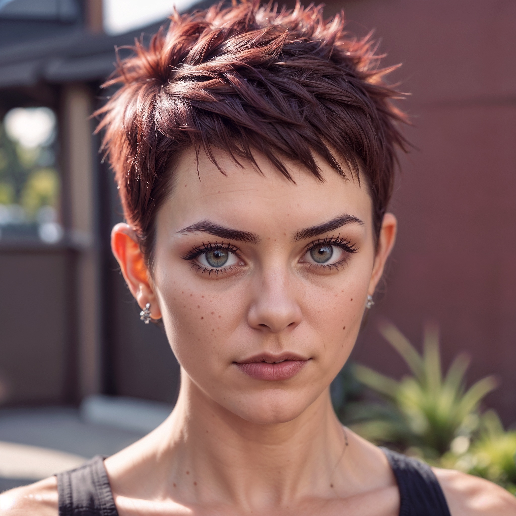 DArk Red Pixie With Spiked Top, Tapered Sides And Micro Bangs