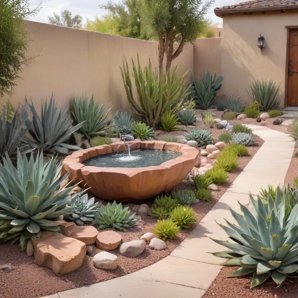 Desert Style Front Yard With Agave, Succulents And Garden Feature