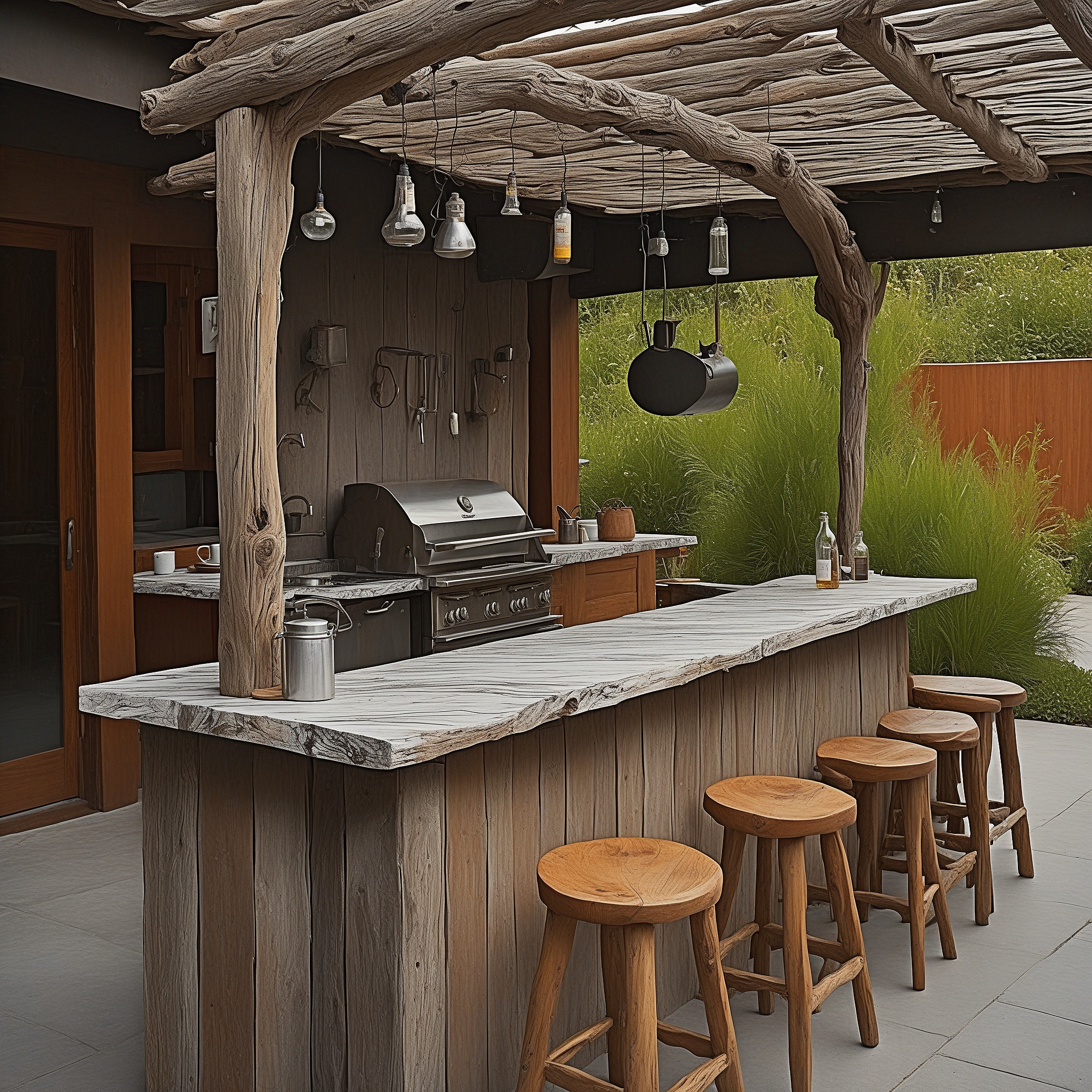 Driftwood Grill Setup With Wooden Countertop