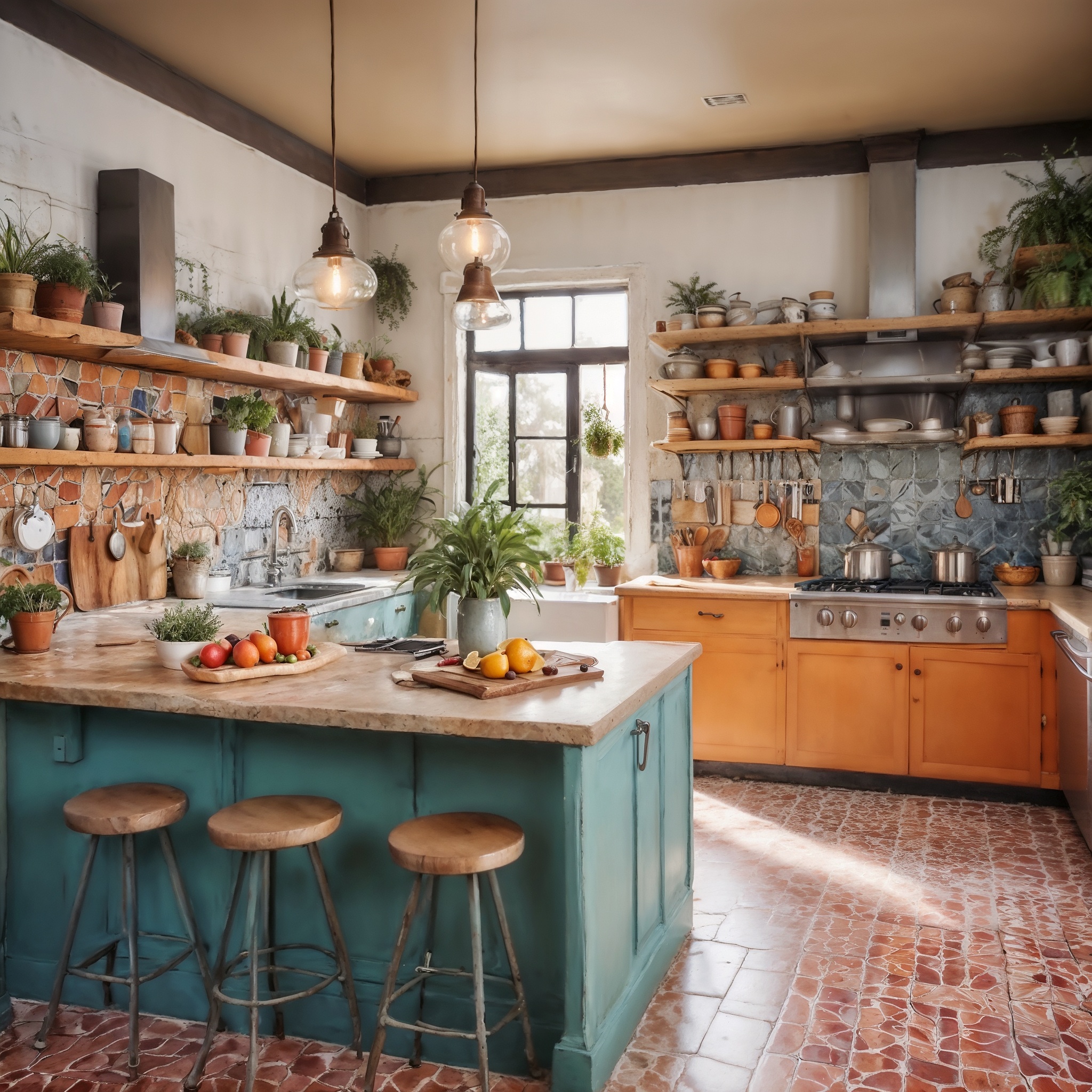 Eclectic Kitchen Layout With a Mix of Colors and Materials, Open Shelving