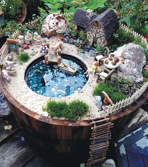 Fairy Garden In Barrel With Pool