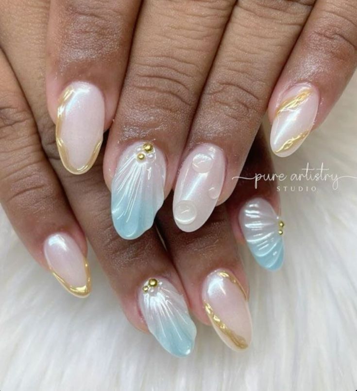 Gel Seashell Design With Blue Ombre Tips And Gold Accents