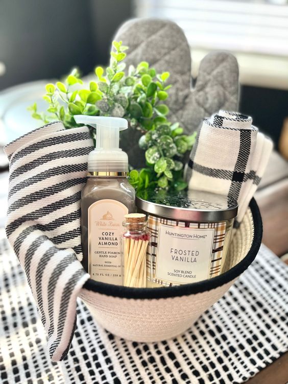 Gift Basket With Scented Candle, Lotion, Towels And Plants