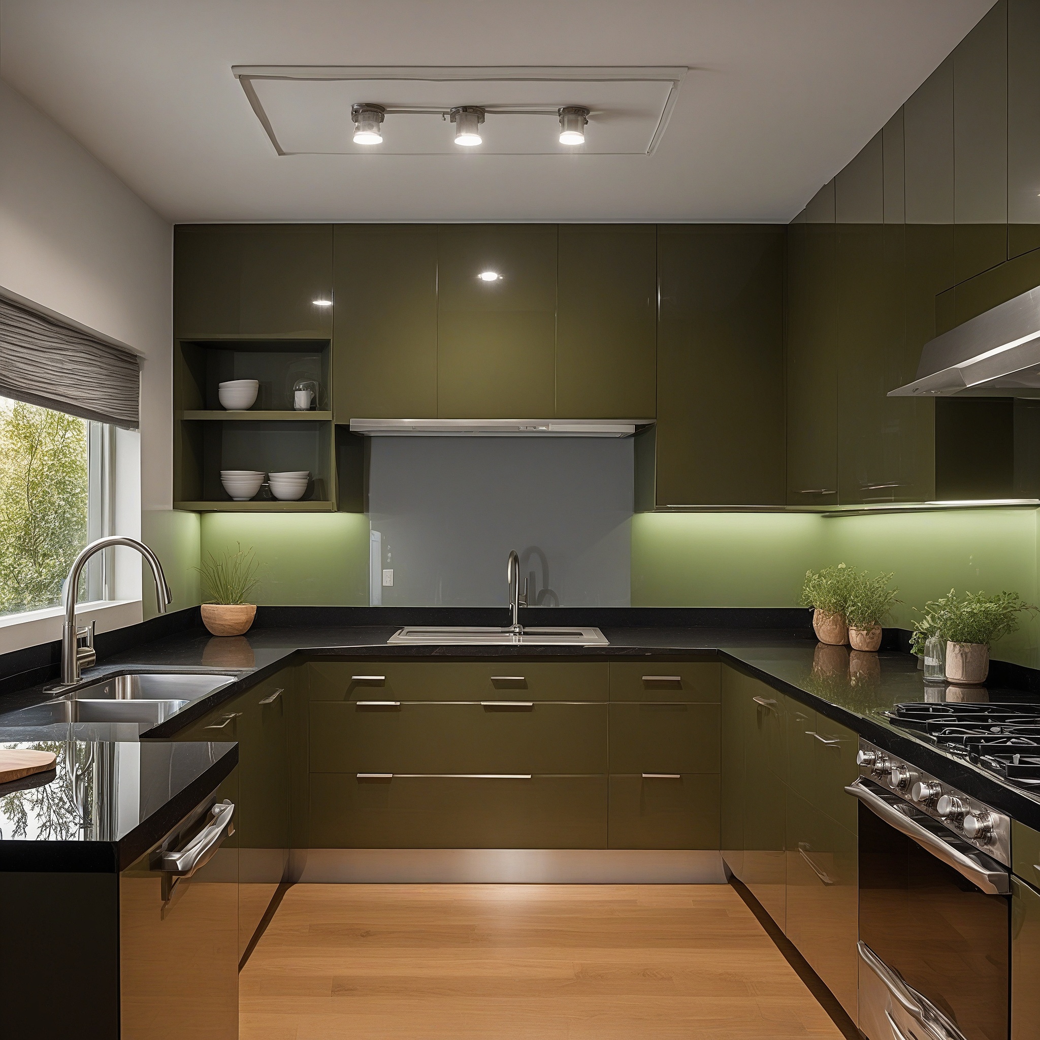 Glossy Olive Cabinets, Under-cabinet Strip Lights