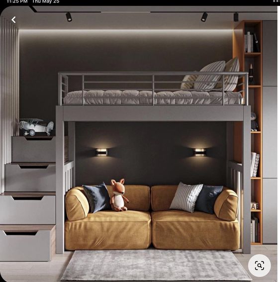 Gray Lofr Bed With Storage Stairs And Sofa Underneath