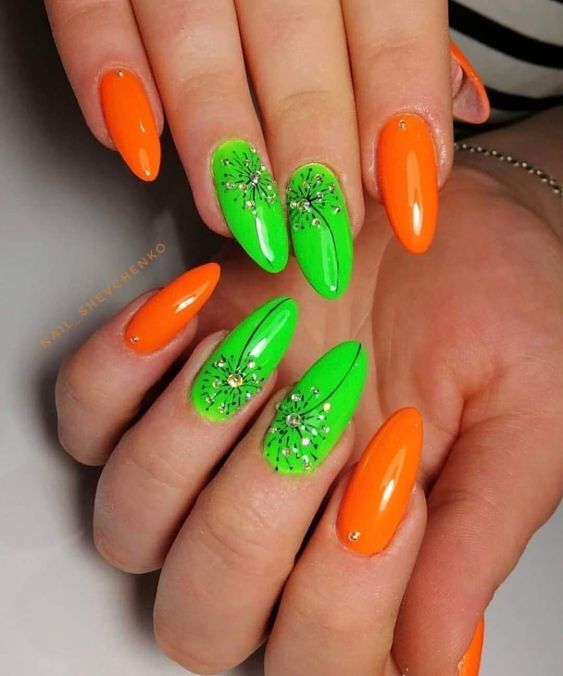 Green And Orange With Rhinestone Dandelion