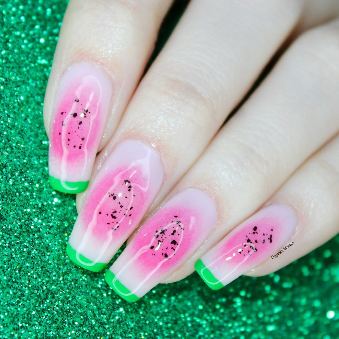 Green French Tips With Acrylic Pink Watermelon Center