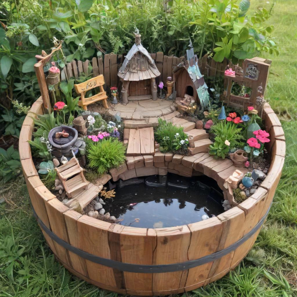 Half Whiskey Barrel Water Fairy Garden