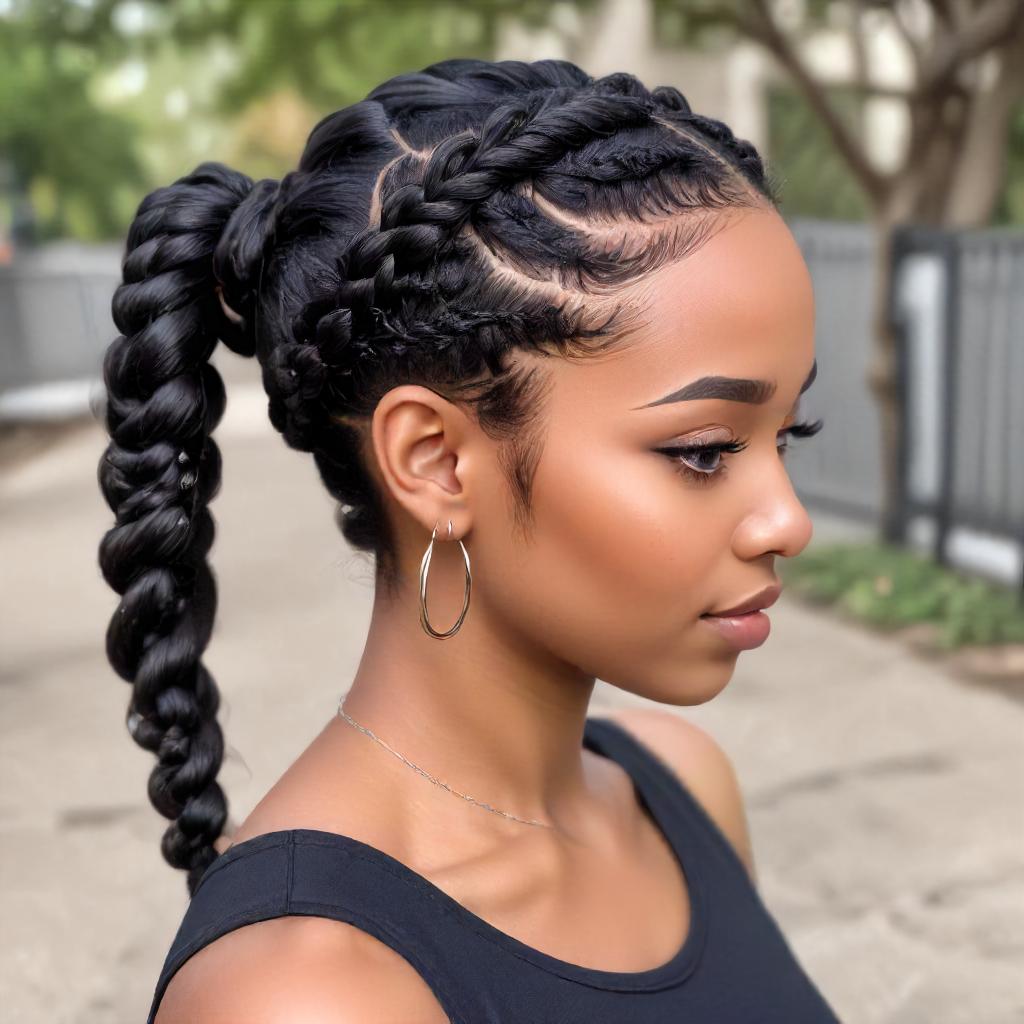 Halo Braid With Cornrows And Twisted Braid Ponytail