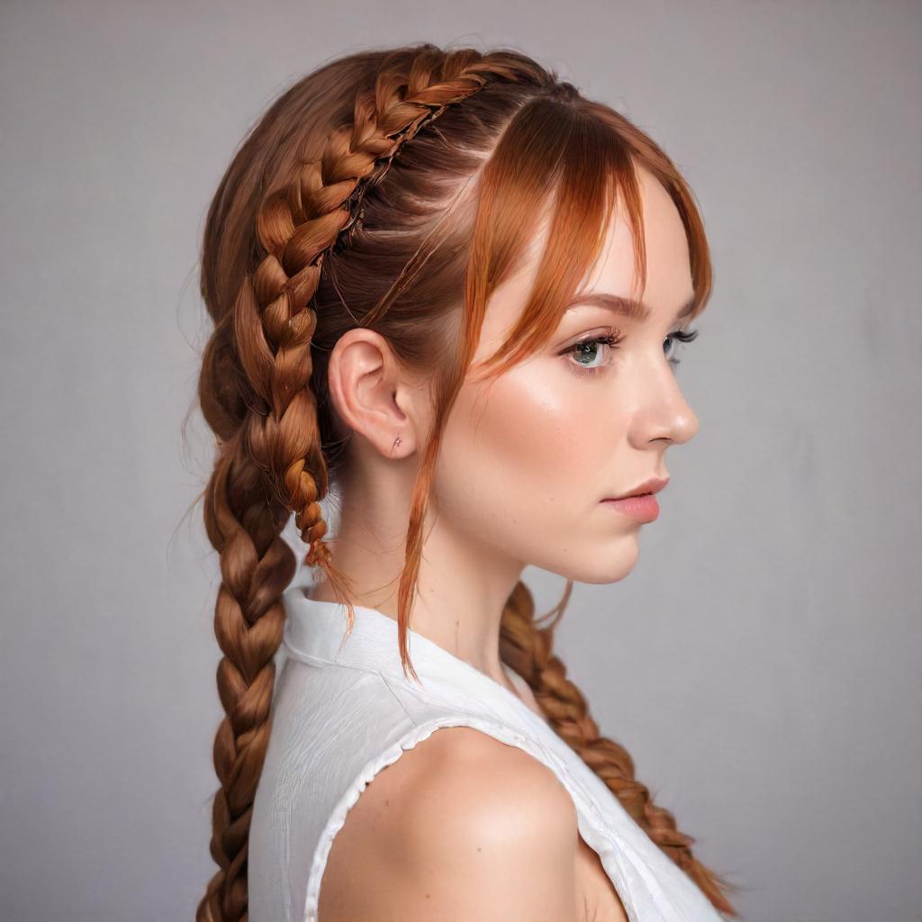 Halo Braid With Two Pigtail Braids and Bangs