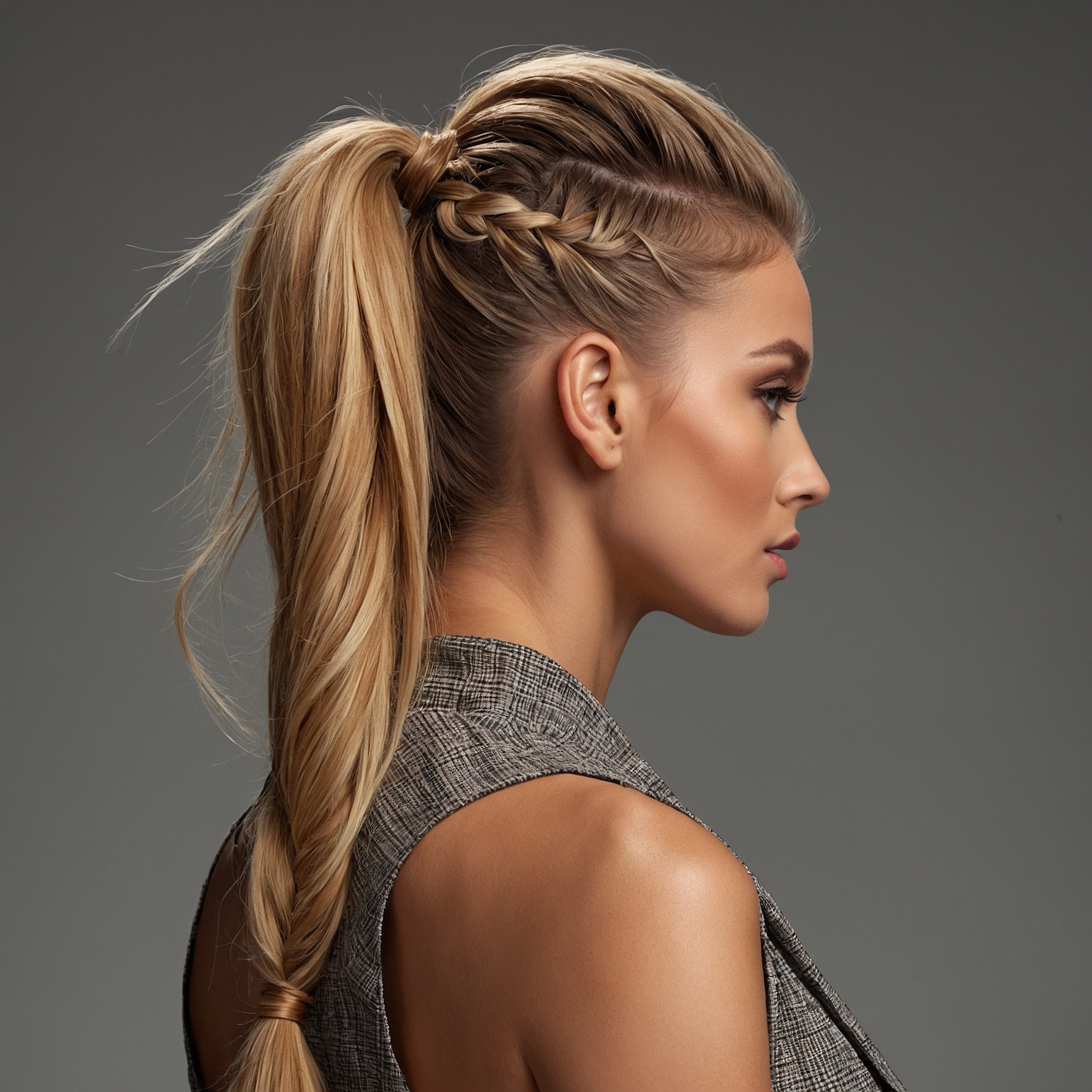 High Ponytail With Teased Top And Side French Braid