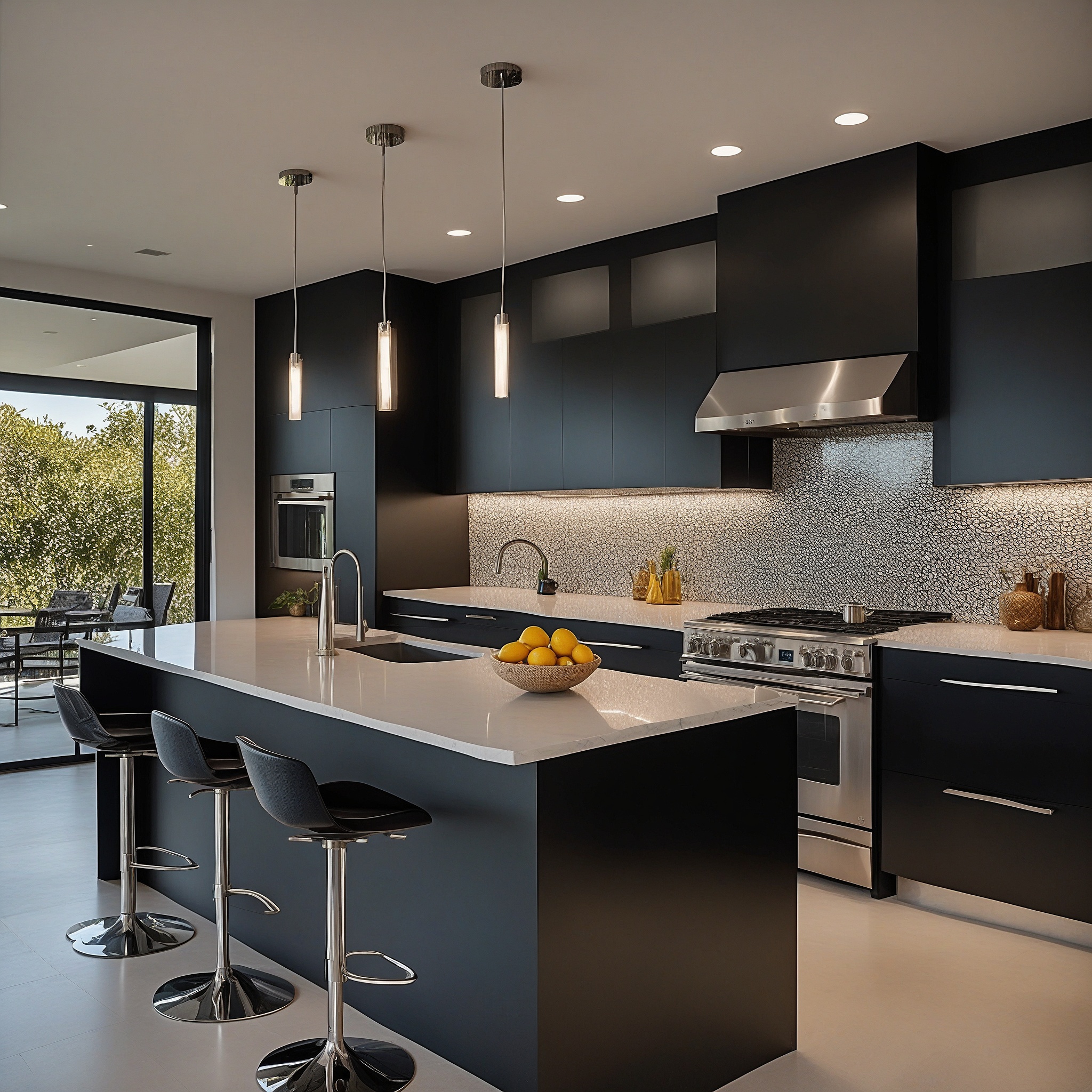 High-gloss Black Cabinets, Glass-front Upper Cabinets