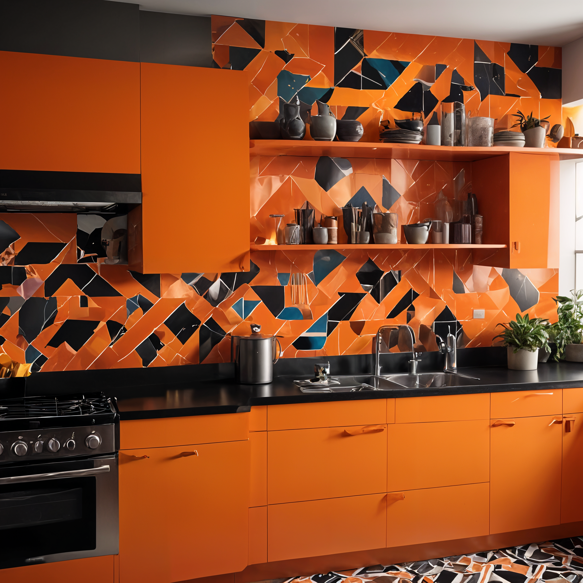 High-gloss Orange Cabinets, Black Quartz Countertops, Open Black Shelving, Geometric Tile Backsplash