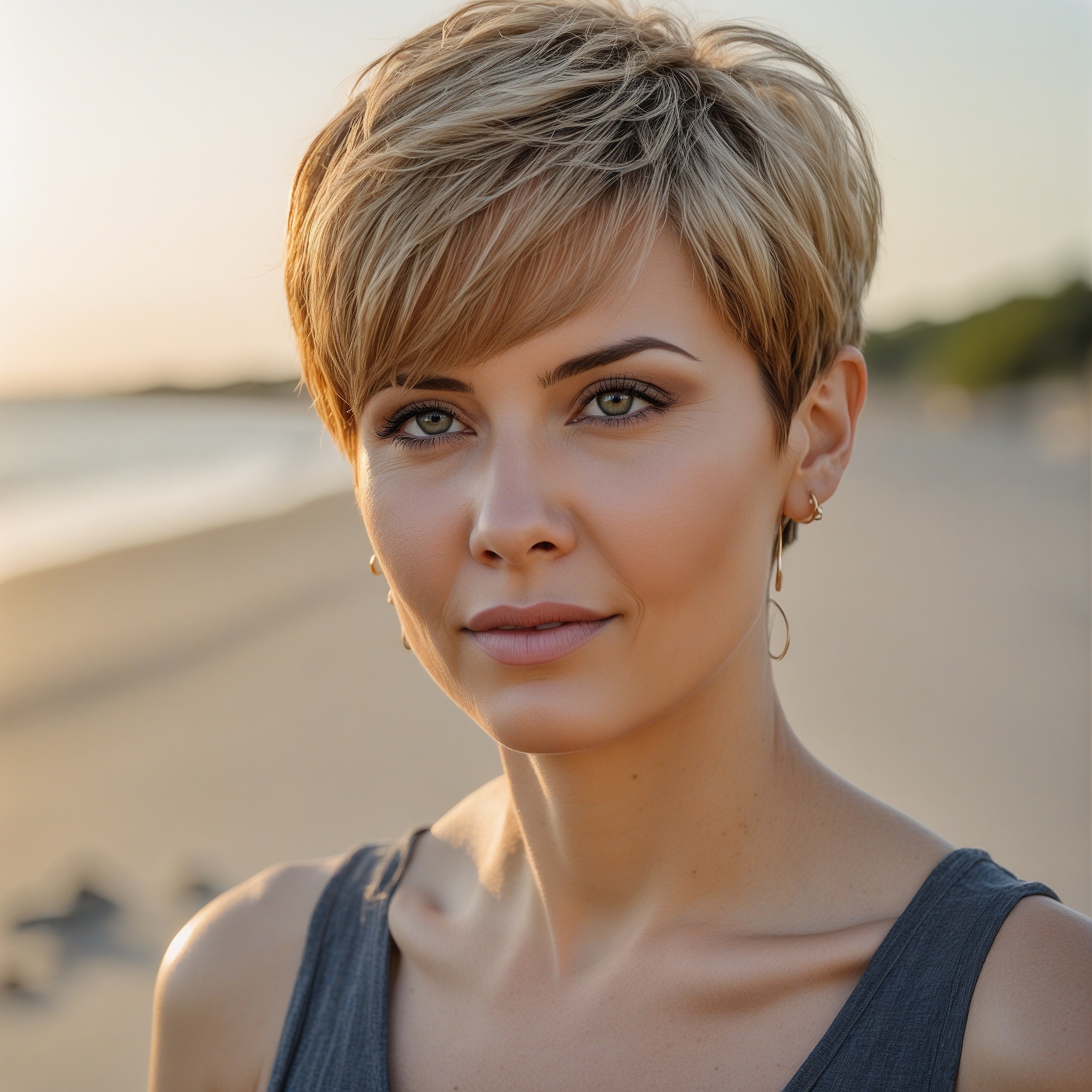 Honey Blonde Pixie With Long Side Swept Bangs