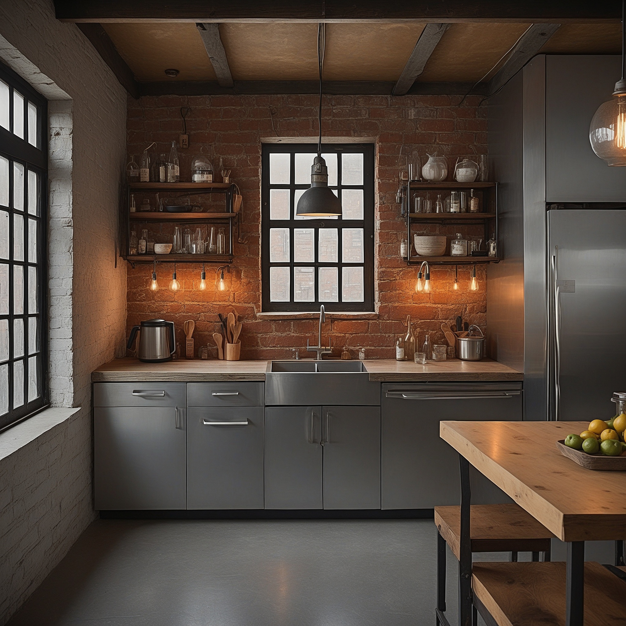 Industrial Apartment Kitchen Layout With Metal Cabinetry, Concrete Countertops