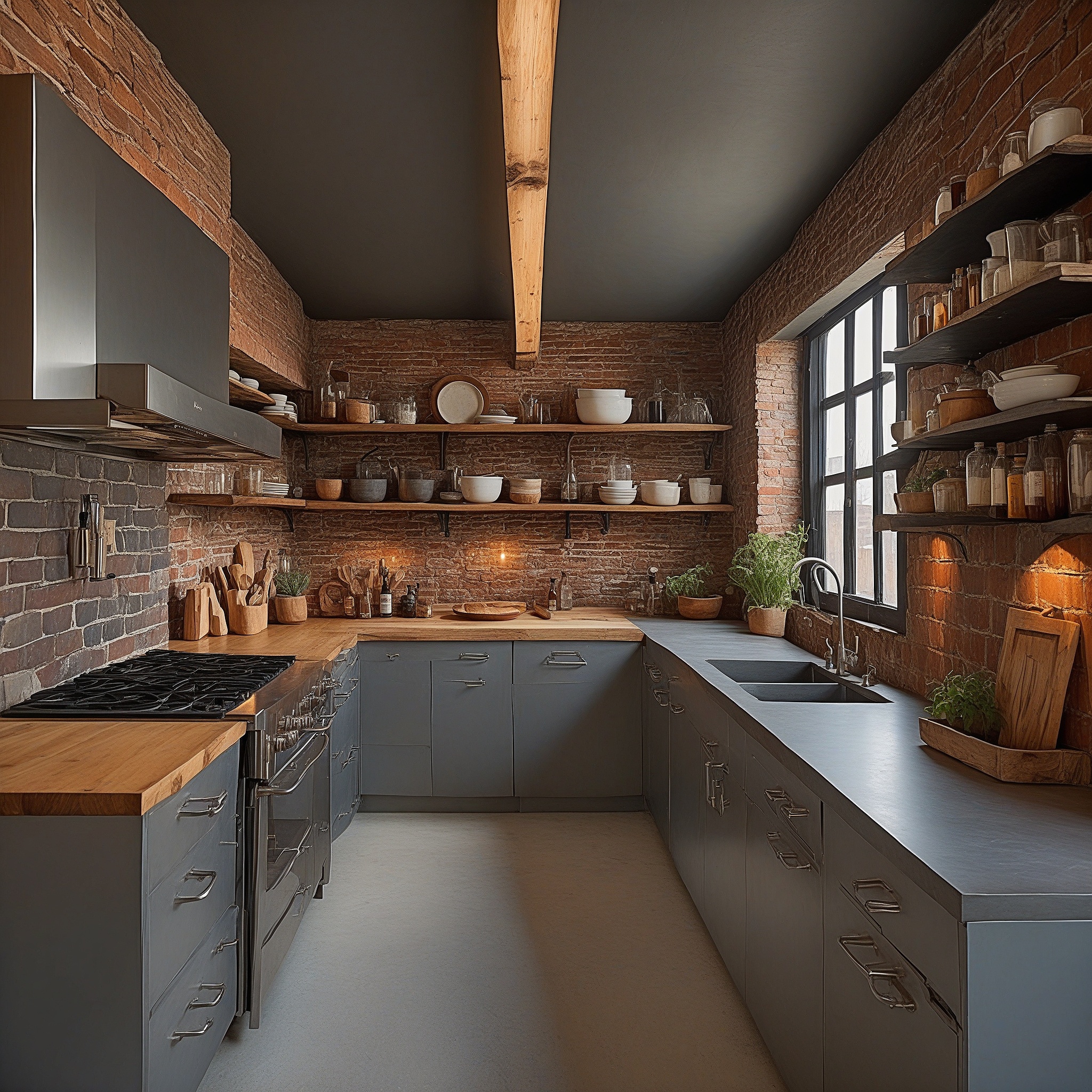 Industrial U-Shaped Kitchen With Exposed Brick Walls, Open Shelvin, Wooden Countertop And Stainless Steel Appliances