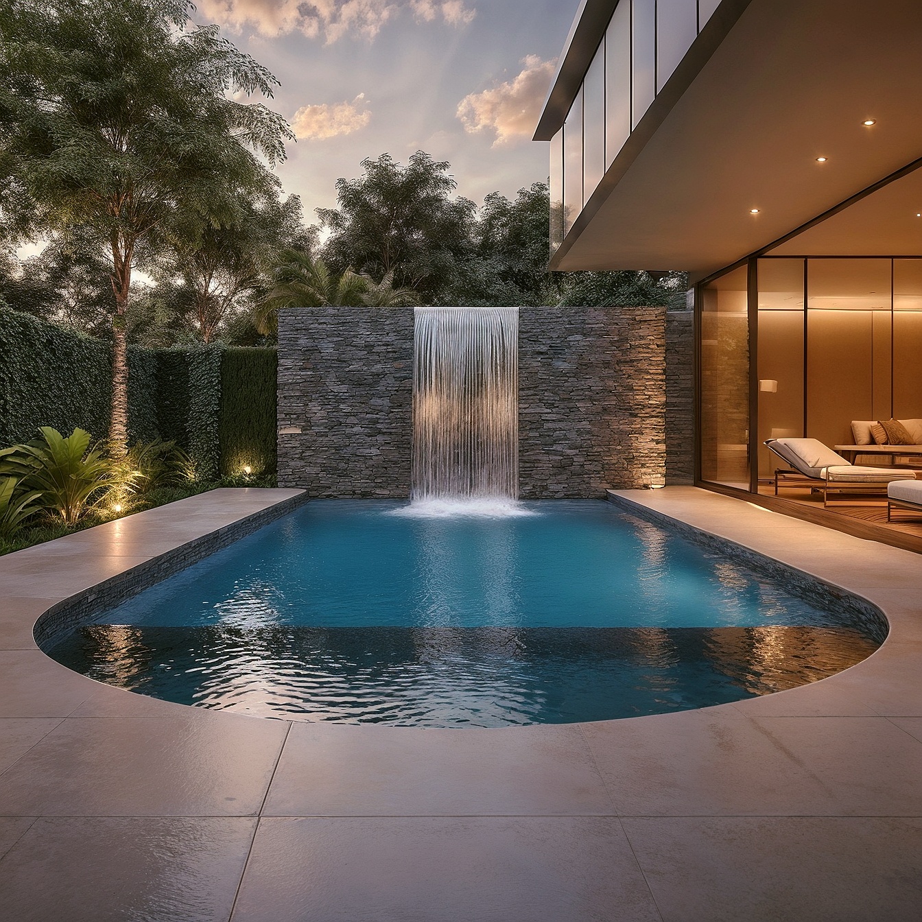 Infinity Edge Swimming Pool With Built-in Waterfall