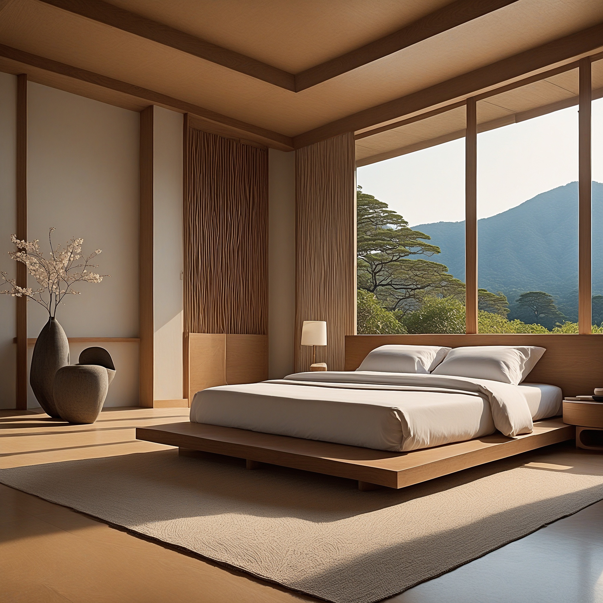 Japanese-inspired Master Bedroom with Low Platform Bed, Shoji Screens, Minimalist Furniture