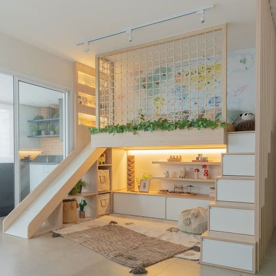 Kids Loft Bed With Trellis, Storage Stairs, Storage Area Underneath And Slide