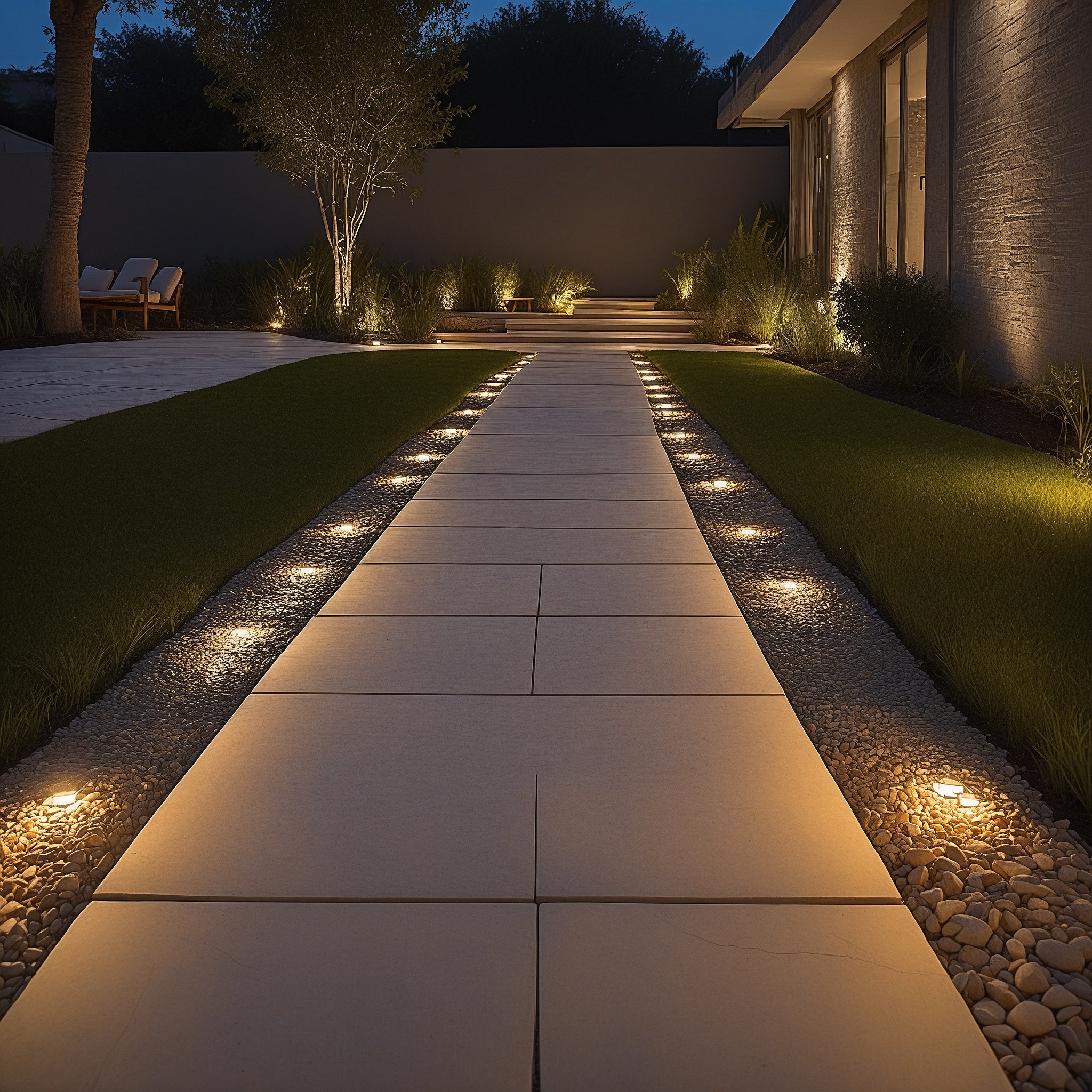 LED Pathway Lights On Stone Walkway