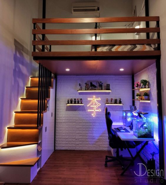 Loft Bed With Light Tubes Along Stairs And Frame, Work Area And Shelves Underneath