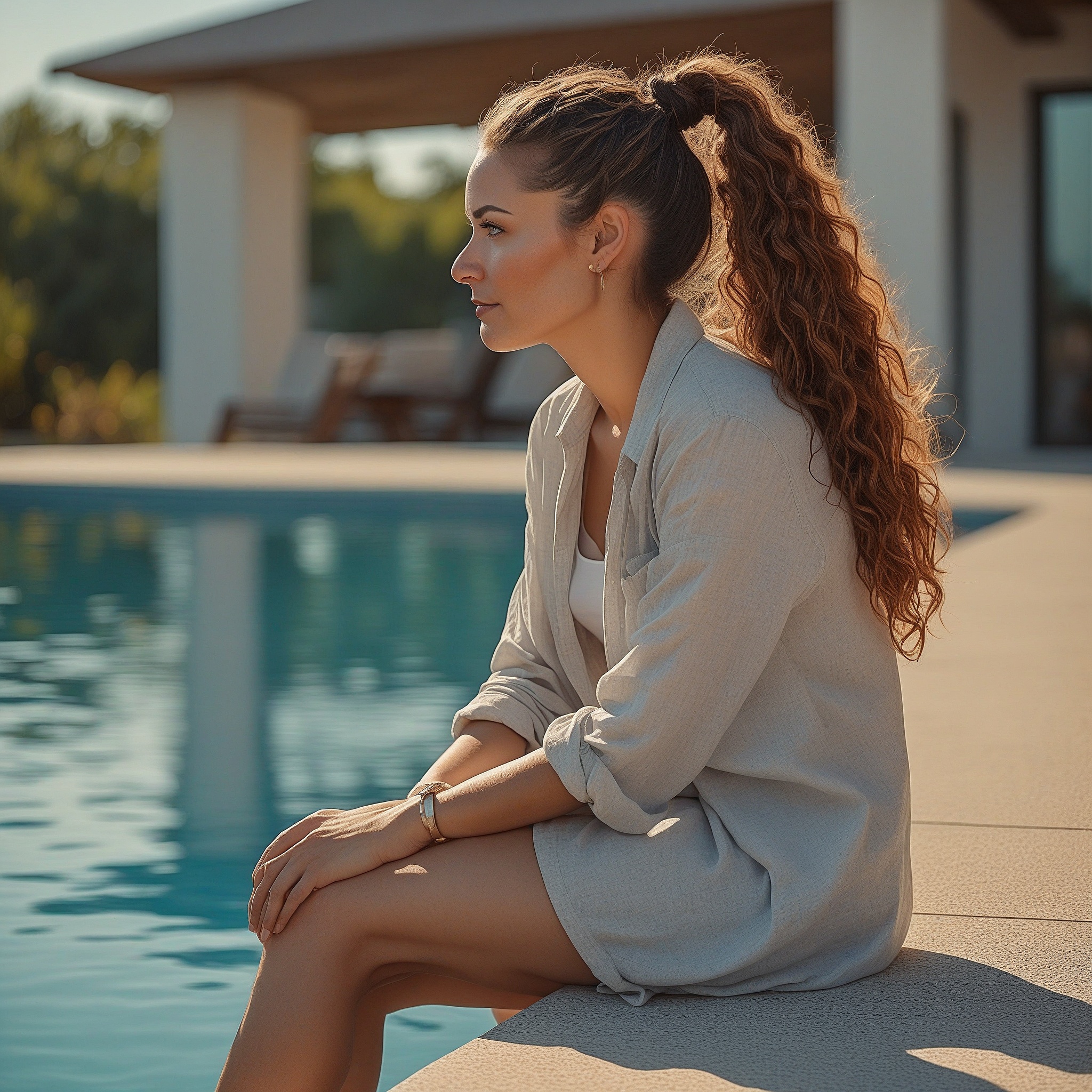 Long Curly Hair In High Wrapped Ponytail