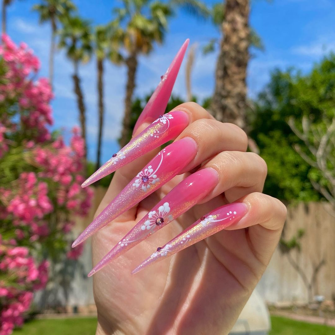 Long Pink Ombre Stilleto Nails With White Floral Design