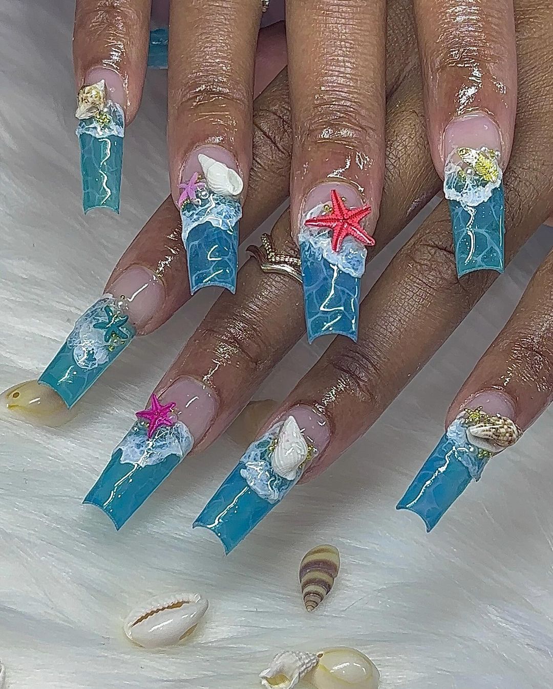 Long Square Acrylic Marbled Waves With Beach Charms