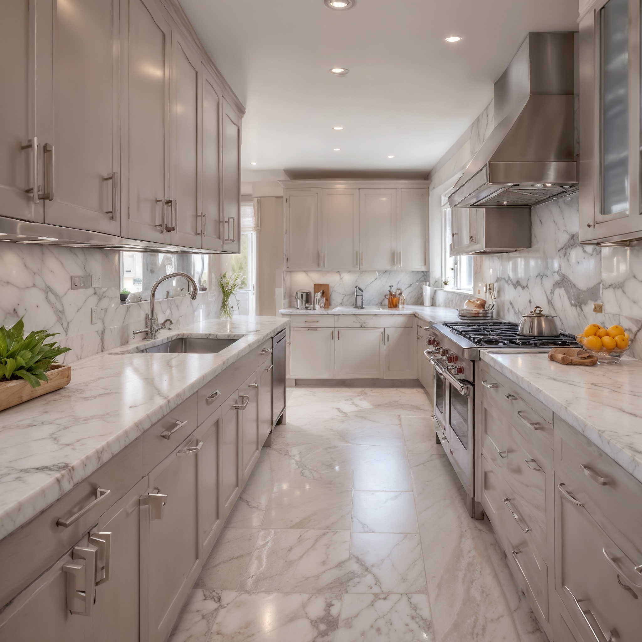 Luxury Galey Kitchen Layout With Custom Cabinetry, Marble Countertops, High-end Stainless Steel Appliances