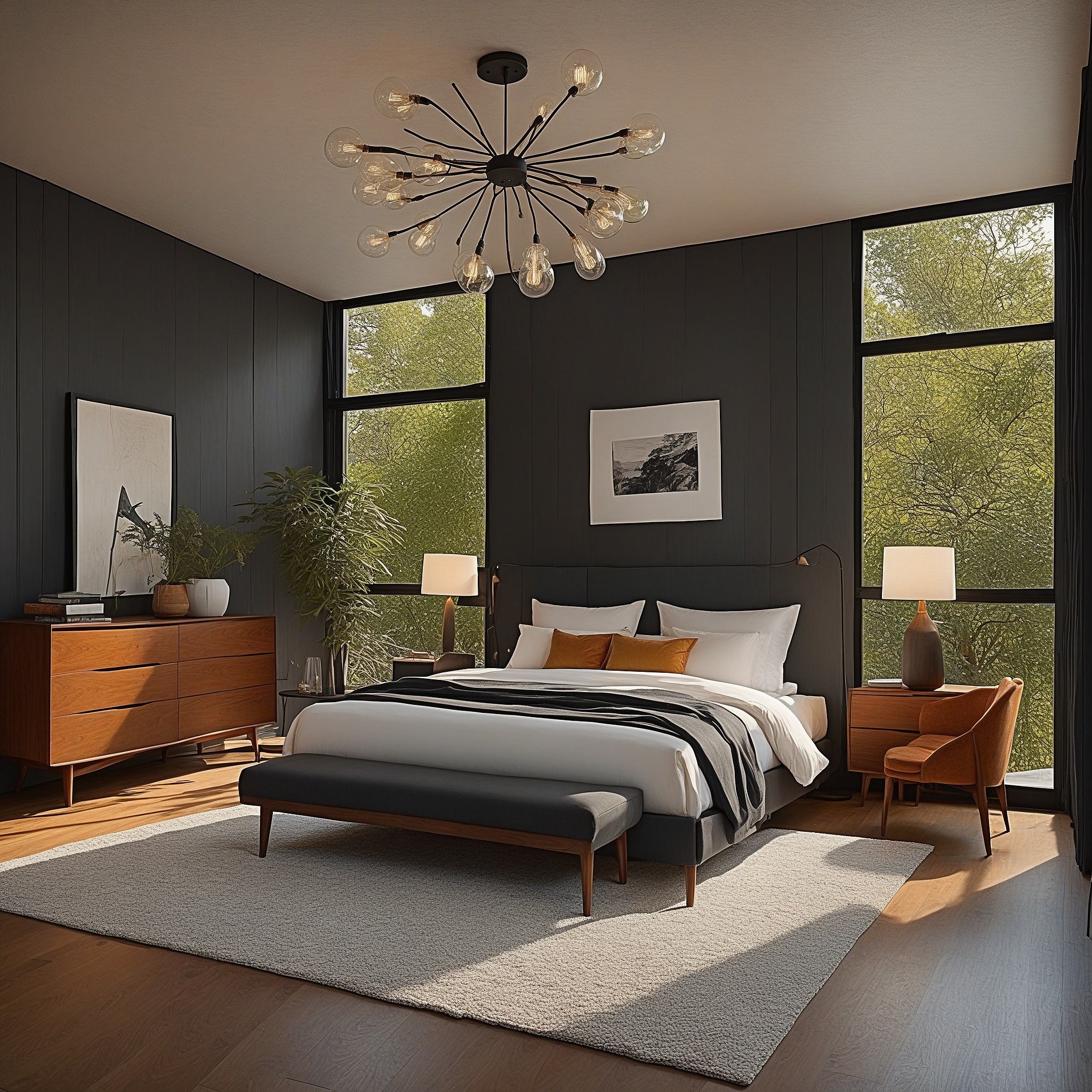 MId-century Modern Bedroom, RetroFurniture, Black Wood Walls, ,Pendant Lighting