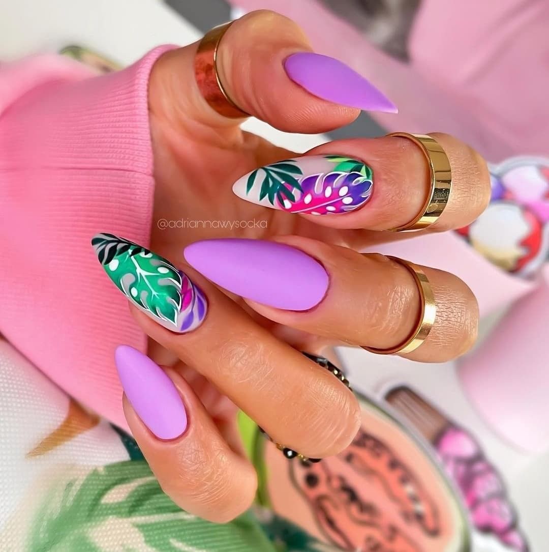 Matte Purple Nails With Tropical Leaves Design